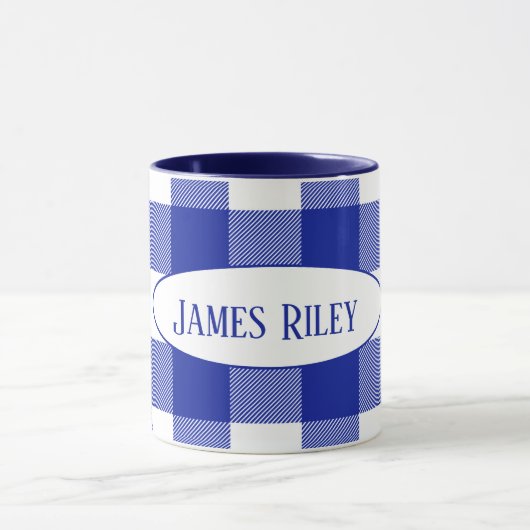 Mug buffle bleu et blanc plaid de nom (Centre)