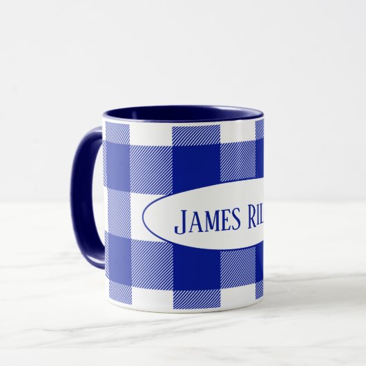 Mug buffle bleu et blanc plaid de nom (Devant gauche)