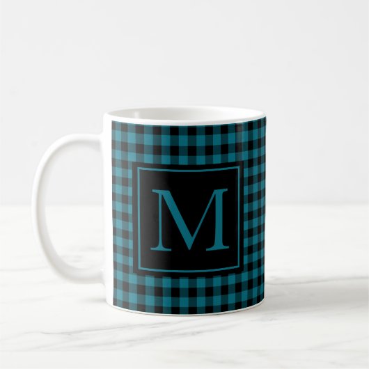 Mug Buffle Bleu Et Noir Plaid Monogramme (Gauche)