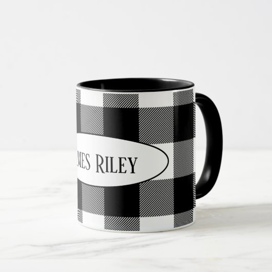 Mug buffle noir et blanc plaid de nom (Devant droit)