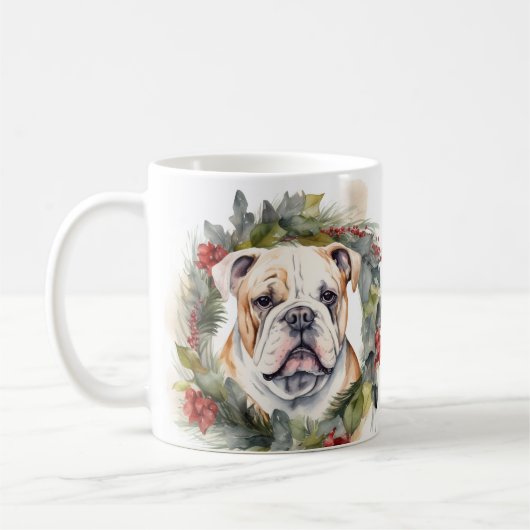 Mug Bulldog Christmas Wreath Festive Pup (Gauche)