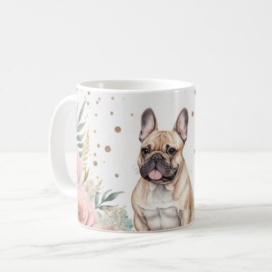Mug Bulldog français Whimsical avec des accents florau (Devant gauche)