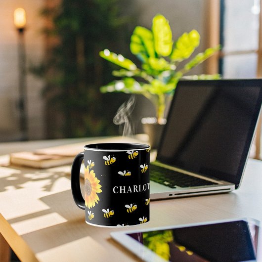 Mug Bumble noir abeilles nom de tournesol jaune