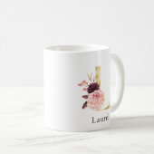 Mug Burgundy Nom et Monogramme Floral Rose Lettre L (Devant droit)