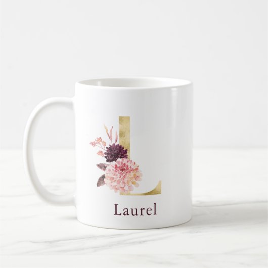 Mug Burgundy Nom et Monogramme Floral Rose Lettre L (Gauche)