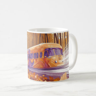 Mug bus vintage avec des motifs artistiques colorés.  