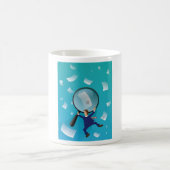 Mug Businessman Giant Magnifying Glass Flying Papers (Centre)