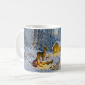 Mug Cabane de forêt enneigée avec chouette, cerf et re (Devant gauche)