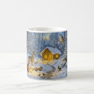 Mug Cabane de forêt enneigée avec chouette, cerf et re