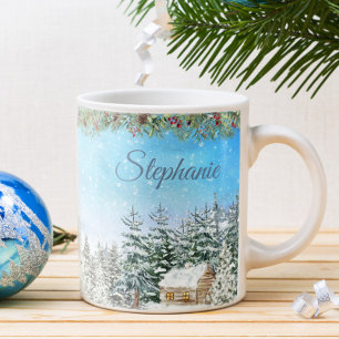 Mug Cabane d'hiver dans les bois Noël personnalisé