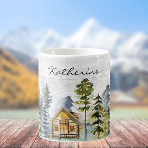 Mug Cabine de montagne rustique forêt aquarelle Monogr