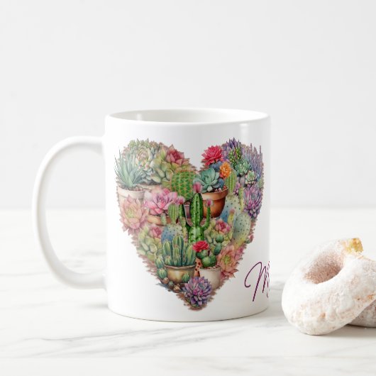 Mug Cactus Dans Un Nom En Forme De Coeur (Avec donut)