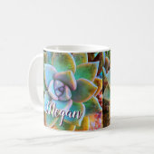 Mug Cactus vert turquoise photo monogramme nom script (Devant gauche)