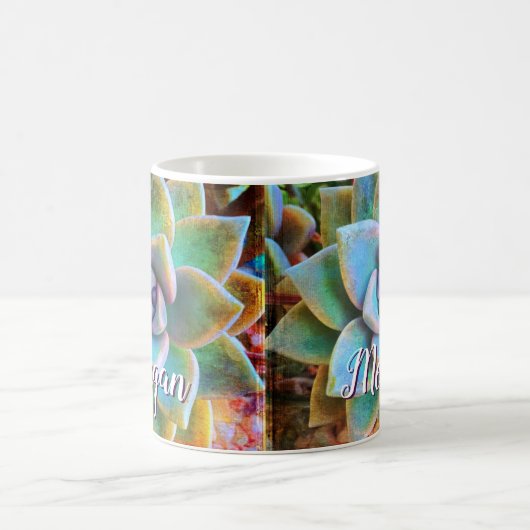 Mug Cactus vert turquoise photo monogramme nom script (Centre)