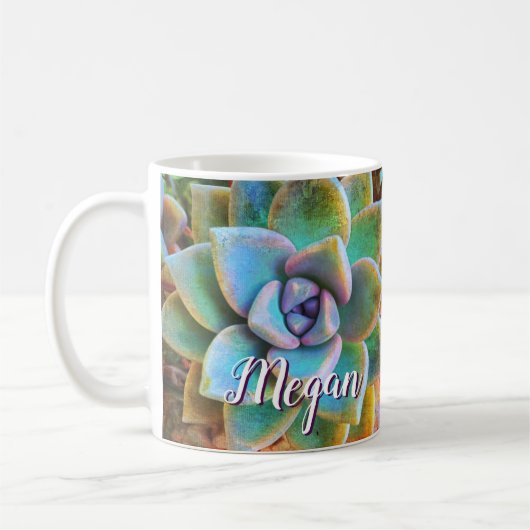 Mug Cactus vert turquoise photo monogramme nom script (Gauche)