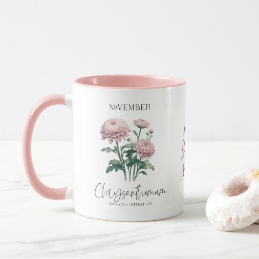 Mug Cadeau de chrysanthème, fleur du mois de naissance (Avec donut)