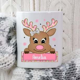Mug Cadeau de Noël de renne de Noël rose personnalisé