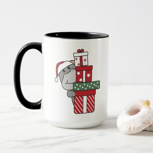 Mug Cadeau de Noël Hippo Animaux d'hiver Hippopotames (Avec donut)