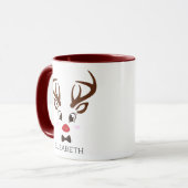 Mug Cadeau de Noël Reindeer personnalisé visage Maroon (Devant gauche)