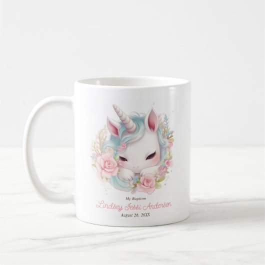 Mug Cadeau invité avec licorne florale pour le baptême (Gauche)