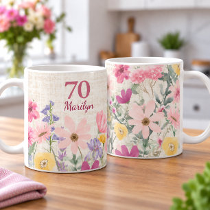 Mug Cadeau moderne pour ses 70 ans pour elle lin flora