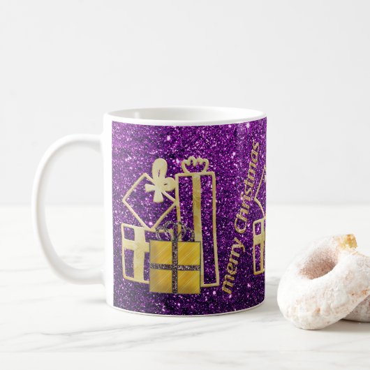 Mug Cadeaux de Noël Dorés Paillettes Faux Violet (Avec donut)