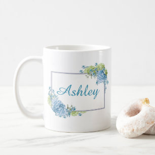 Mug Cadre Bleu Cursif Personnalisé Et Fleurs