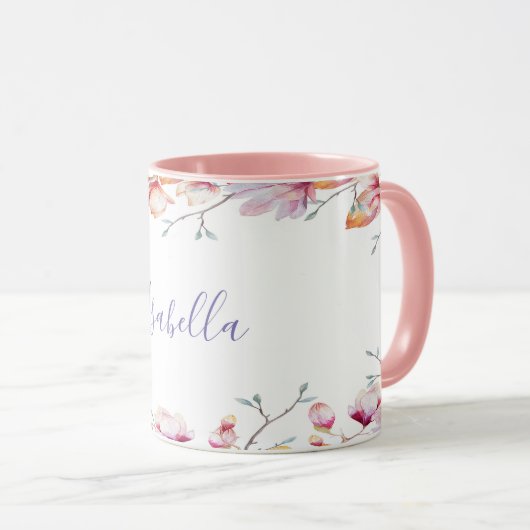 Mug Cadre de fleur de magnolia rose en blanc (Devant droit)