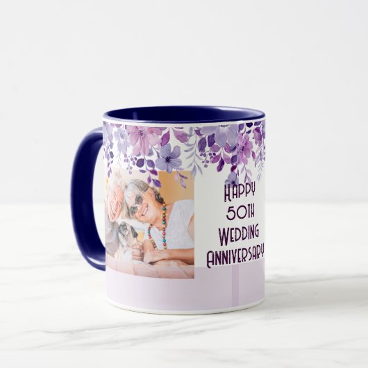 MUG CADRE FLORAL SIMPLE 50E ANNIVERSAIRE DE MARIAGE (Devant gauche)