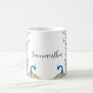 Mug Cadre Peacocs avec fleurs d'aquarelle