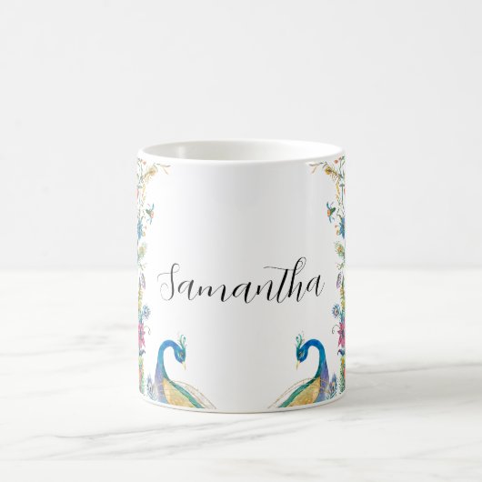 Mug Cadre Peacocs avec fleurs d'aquarelle (Centre)