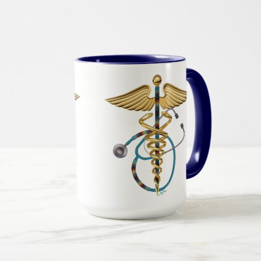 Mug Caduceus avec Stethoscope perlé Bleu et blanc (Devant droit)