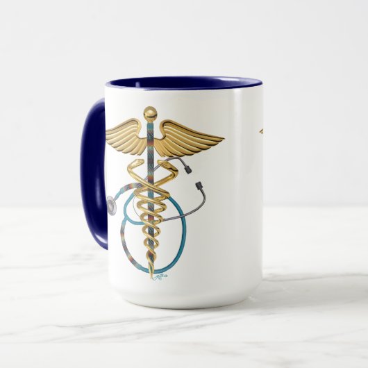 Mug Caduceus avec Stethoscope perlé Bleu et blanc (Devant gauche)
