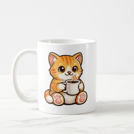 Mug Café Chat Mignon – Chat Orange Cosy Buvant du Café (Gauche)