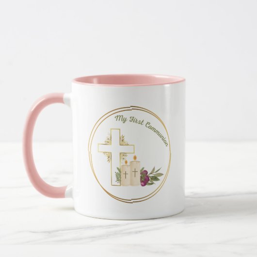 Mug café de la première communion, blanc et rose (Gauche)