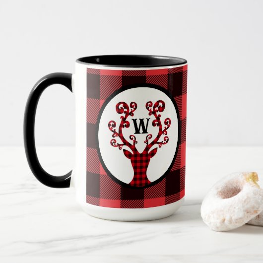 Mug Café de vacances Monogramme Plaid Reindeer (Avec donut)