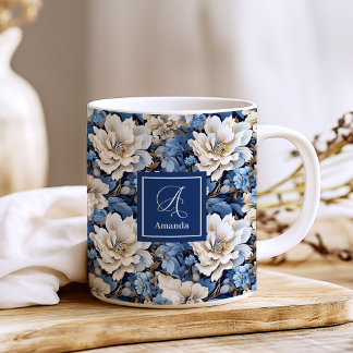 Mug Café Fleurs Blanches Bleues Classiques avec No