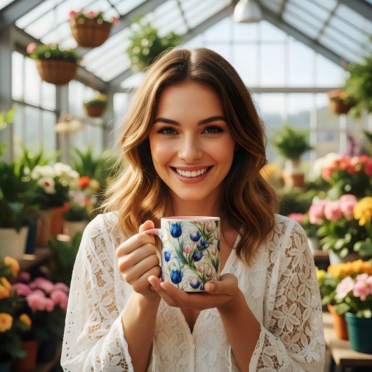 Mug café floral de roses bleues de style vitrail