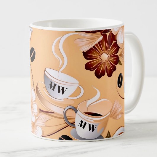 Mug Café thème beige, fleurs marron initiales