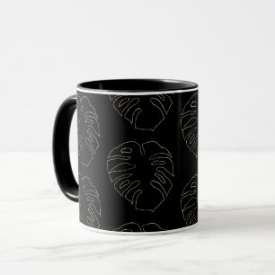 Mug Cafetière à motif de feuille de Monstera noir et o