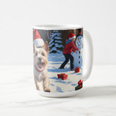 Mug Cairn Terrier courant dans la neige avec un chapea (Devant droit)