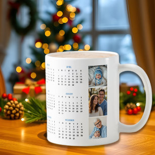 Mug calendrier 2026 collage photo bleu trois photos