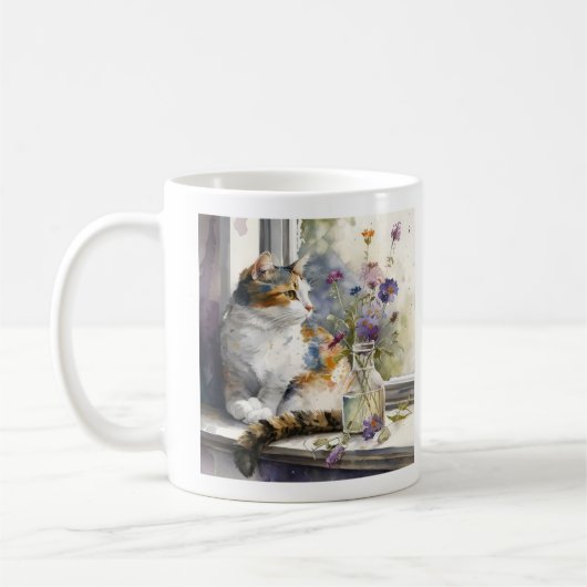 Mug Calico Chat Fleurs violettes Fenêtre Lumière du so (Gauche)