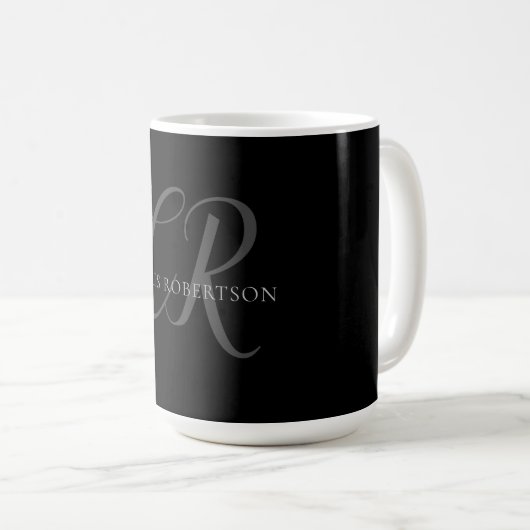 Mug Calligraphie Monogramme Nom Black Grey Cadeau pers (Devant droit)