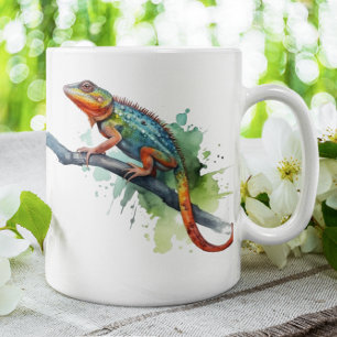 Mug caméléon sur une branche aquarelle couleurs vives