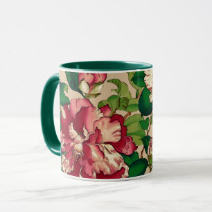 Mug Camélias japonais vintages. Rose-foncé sur le