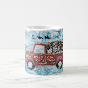 Mug camionnette rouge vintage sur fond de flocon de ne