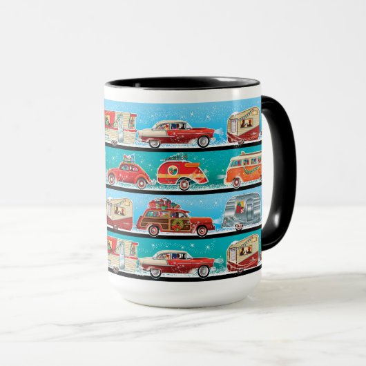 Mug Campeurs de Noël rétro + voitures classiques (Devant droit)