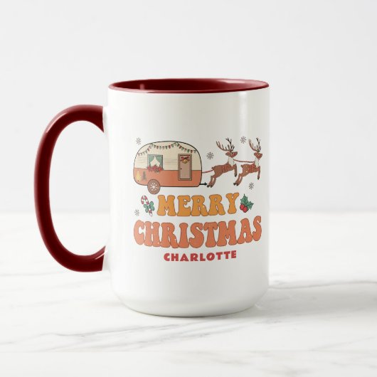 Mug Camping Joyeux renne de Noël Nom personnalisé (Gauche)