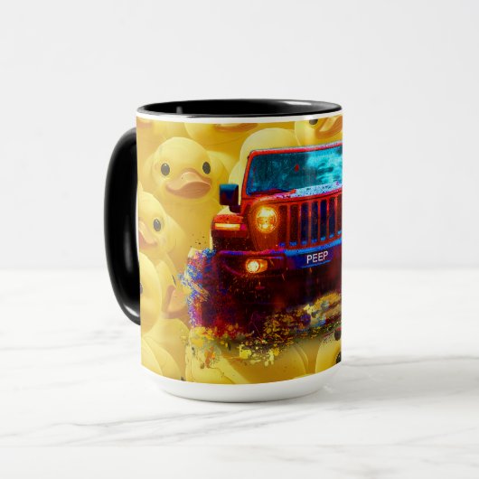 Mug Canards jaunes avec un camion Peep 4x4 (Devant gauche)